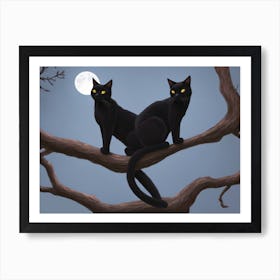 A Sleek Black Cat Perched Atop A Tree Branch Art Print