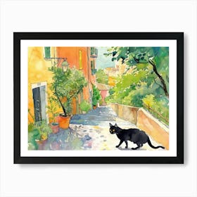 Black Cat In Reggio Calabria, Italy, Street Art Watercolour Painting 2 Art Print