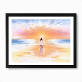 Woman On The Beach At Sunset Art Print