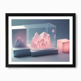 3d Illustration Of A Glass Box With A Paper Mountain Range Inside Art Print