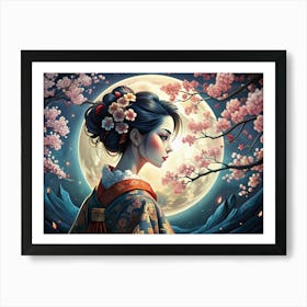 Beautiful Woman In Kimono And Cherry Blossom Flowers Against A Full Moon Background Art Print