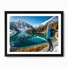 Woman trekking at snowy winter Alps, Rocky Mountains 6 Art Print