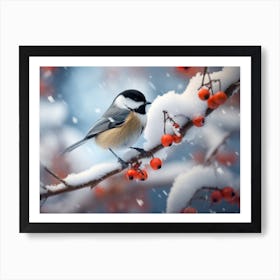 Chickadee in the snowfall Art Print
