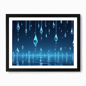 Abstract Image Of Blue, Geometric, Diamond Shapes, Falling From The Sky And Into A Blue Water Surface Art Print