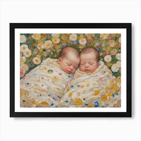 Classy Twins in a bed of flowers Klimt Style Art Print