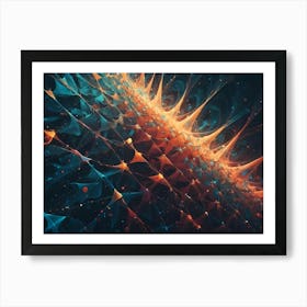 Abstract Fractal Art Resembling A Glowing, Spiky Structure With Intricate Patterns In Blue, Orange, And Red Hues Art Print