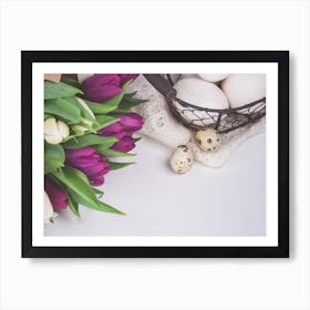 Easter Basket With Eggs And Tulips Art Print