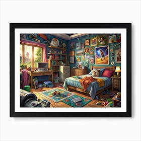 Messy Teenager S Bedroom With City View Art Print