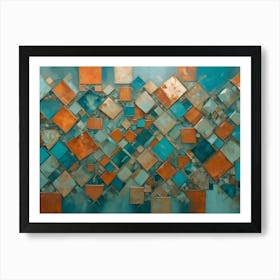 A Painting Of An Abstract Pattern With Geometric Shapes In Shades Of Turquoise, Orange, And Beige Art Print