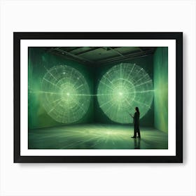 A Woman Stands In A Darkened Room With A Large, Glowing, Geometric Flower Like Structure On A Screen 1 Art Print