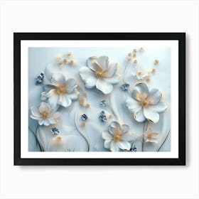 Sophisticated 3d Artwork Design, White and Blue Tones, Golden Jewelry, Floral Motifs 3 Art Print