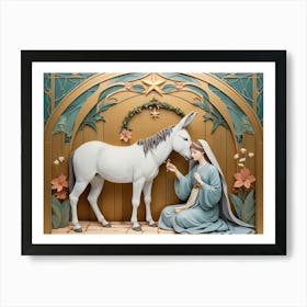 Nativity Scene with Mary and White Donkey in Art Nouveau Style Art Print