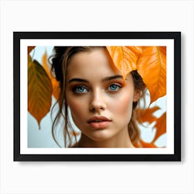 Artistic portrait beautiful woman blue eyes behind orange autumn leaves 3 Art Print