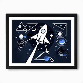 Space Rocket, Rocket wall art, Children’s nursery illustration, Kids' room decor, Sci-fi adventure wall decor, playroom wall decal, minimalistic vector, dreamy gift Art Print