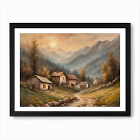 Village In The Mountains oil painting style landscape format Art Print