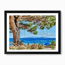 Serene Summer at the Var Riviera. A picturesque view of the Var Riviera coastline, showcasing a vibrant seaside scene with blooming flowers, sunbathers under a majestic pine tree, and sailboats drifting on the sparkling azure waters. Art Print