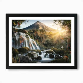 Mountain Waterfall with Wildlife Painting #10 Art Print