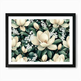 White Magnolia Flowers Seamless Pattern Art Print