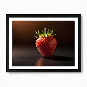 A Strawberry With Green Leaves, Illuminated By A Strong Light Source, Casting A Shadow On A Dark Surface Art Print