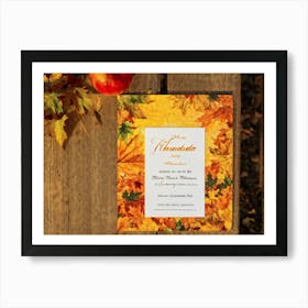 A Vintage Canadian Thanksgiving Invitation Spread Out On A Maple Wood Surface Bathed In The Warm (1) Art Print