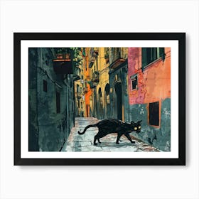 Naples, Italy   Cat In Street Art Watercolour Painting 1 Art Print