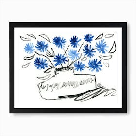 Blue Flowers In A Vase - floral blue black hand painted Art Print