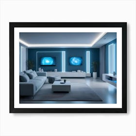 A Modern Living Room Interior With A Blue Sofa, A Coffee Table, Two Tvs, And Blue Accent Lights Art Print