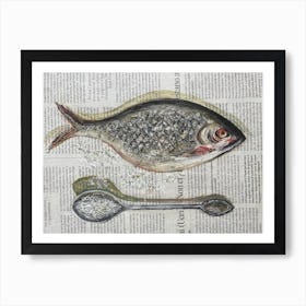 Sardine Fish With A Spoon Of Salt On Newspaper Food Kitchen Seafood Art Print