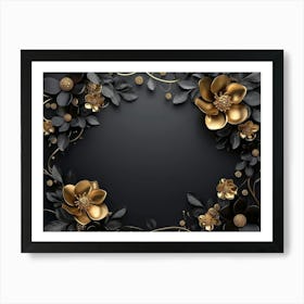 3d Illustration Background With Golden Jewelry And Flowers In Black 1 Art Print