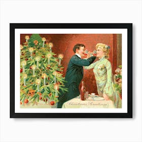 Couple is Drinking champagne, Funny Christmas Greeting Art Print