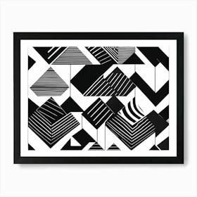 Retro Inspired Linocut Abstract Shapes Black And White Colors art, 220 Art Print