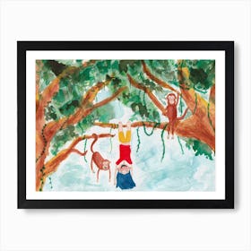 Monkey Girl on a Tree Hanging Out with Monkeys in the Forest, Nursery Wall Art, Woodland theme, Adventure theme, Nature wall art, Printable 1 Art Print