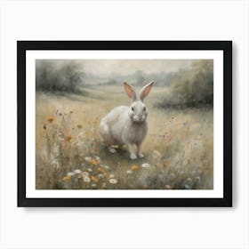 White Rabbit in the Countryside Painting | Country Print in Neutral Tones | Landscape Kitchen Art | Pale Cream Meadow With Wildflowers in the Mist Art Print