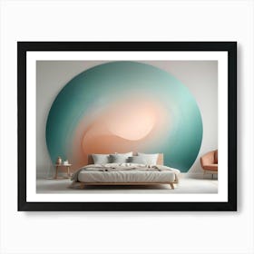 Modern Bedroom Interior With A White Bed, An Orange Armchair, And A Large Circular Artwork On The Wall Art Print