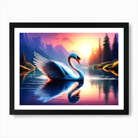 Swan Swimming Lake - Wild Bird Painting Artwork94 Art Print