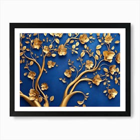 Elegant Gold And Royal Blue Floral Tree With Seamless Leaves And Flowers Hanging Art Print