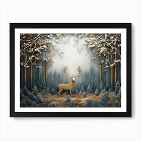 3d Modern Stereo Stag Deer Animal with Forest Art Print