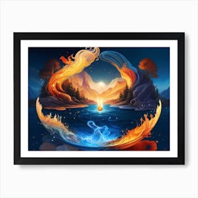 A Glowing Energy Ball Droping Into The Water In A Mystical World -Elements Unfolding Art Print