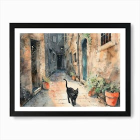 Split, Croatia   Cat In Street Art Watercolour Painting 1 Art Print