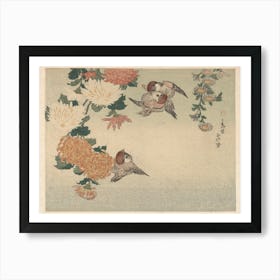 Sparrows And Chrysanthemums, Katsushika Hokusai Art Print