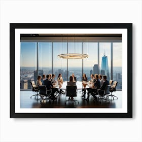 Confident Ceo Seated At The Head Of A Sleek Gleaming Mahogany Conference Table Leading An Energize (4) Art Print