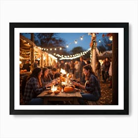 Autumn Festival Illuminated By String Lights Rustic Decorations Such As Dried Corn Husks Pumpkin A (3) Art Print