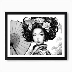 Anime Style Geisha Black And White 2 Art Print