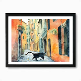 Black Cat In Modena, Italy, Street Art Watercolour Painting 2 Art Print