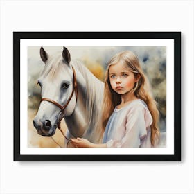 Little Girl With White Horse - Ai Art Print