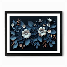 Elegant 3d Floral Art Featuring a Bunch of Leaves and Flowers on a Black Art Print