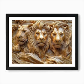 Majestic 3d Relief Artwork Of Prowling Lions Intricate Golden Details Rich Textures Dramatic Lighting Regal Art Print