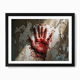 Creepy Textured Bloody Handprint Smudged On An Old Worn Wall Contrasting Against The Peeling Pale (5) Art Print