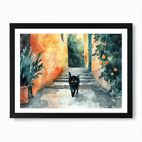 Black Cat In Caserta, Italy, Street Art Watercolour Painting 4 Art Print
