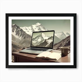 A Laptop With A Mountain Range On The Screen Is Placed On A Wooden Desk With A Cup Of Coffee And An Open Notebook Art Print